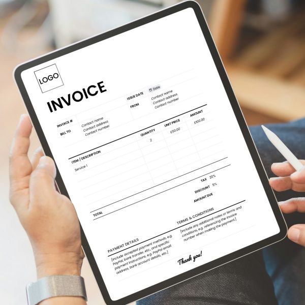 Project invoice template for freelancers, studios and small businesses by Project Syntax Solutions shown on a tablet screen