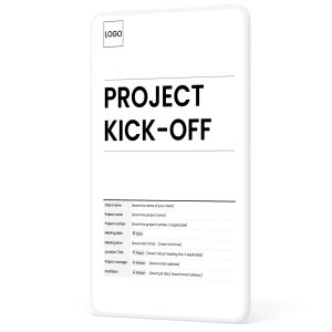 Project kick-off meeting agenda template cover page showing sections for client name, project name and number, meeting date, meeting time, location, project manager and facilitator