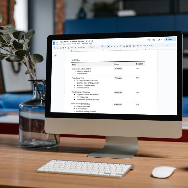 Project kick-off meeting agenda template for freelancers, studios and small businesses by Project Syntax Solutions shown on a desktop screen