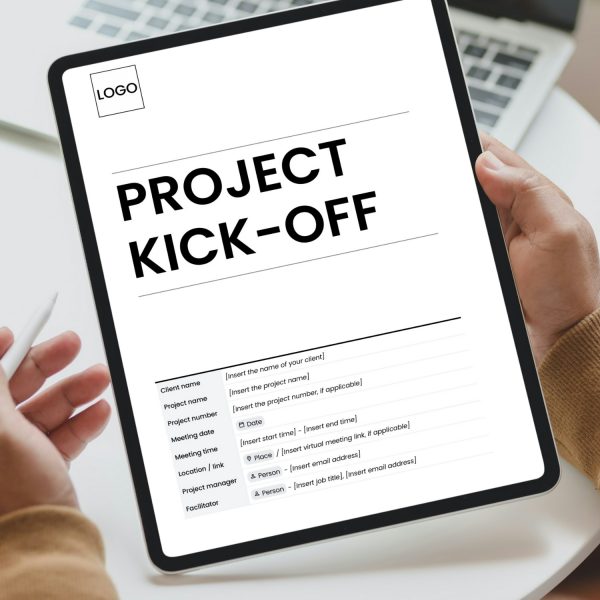 Project kick-off meeting agenda template for freelancers, studios and small businesses by Project Syntax Solutions shown on a tablet screen