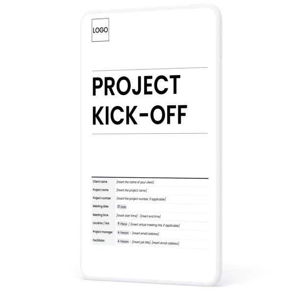 Project kick-off meeting agenda template cover page showing sections for client name, project name and number, meeting date, meeting time, location, project manager and facilitator