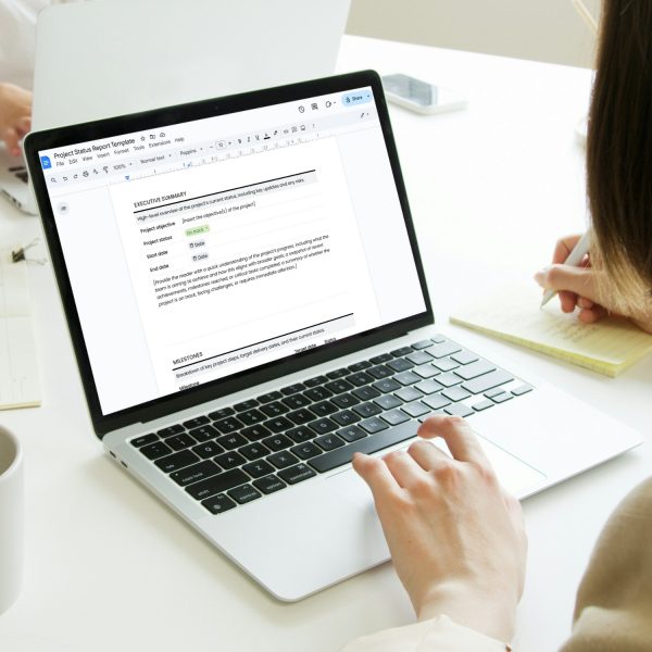 Project status report template for freelancers, studios and small businesses by Project Syntax Solutions shown on a laptop screen