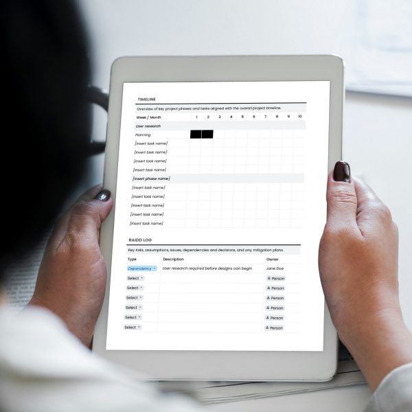 Project status report template for freelancers, studios and small businesses by Project Syntax Solutions shown on a tablet screen