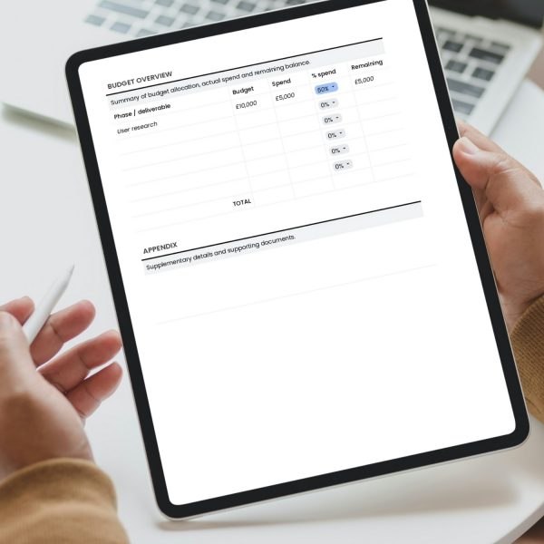 Project status report template for freelancers, studios and small businesses by Project Syntax Solutions shown on a tablet screen