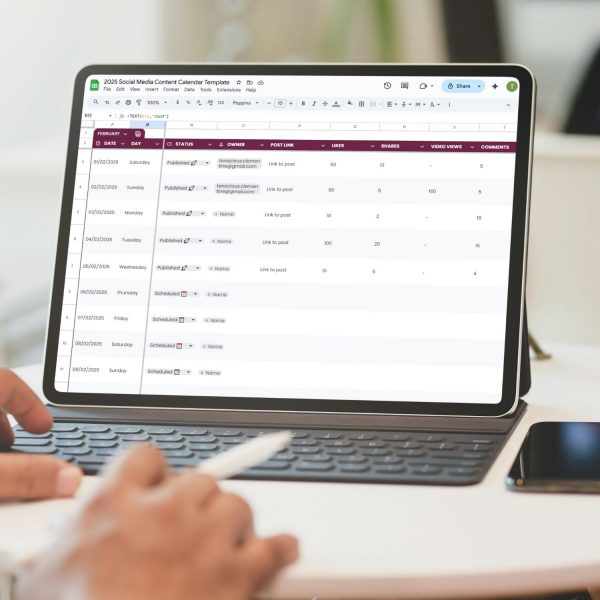 Social media content calendar template for freelancers, studios and small businesses by Project Syntax Solutions shown on a laptop screen