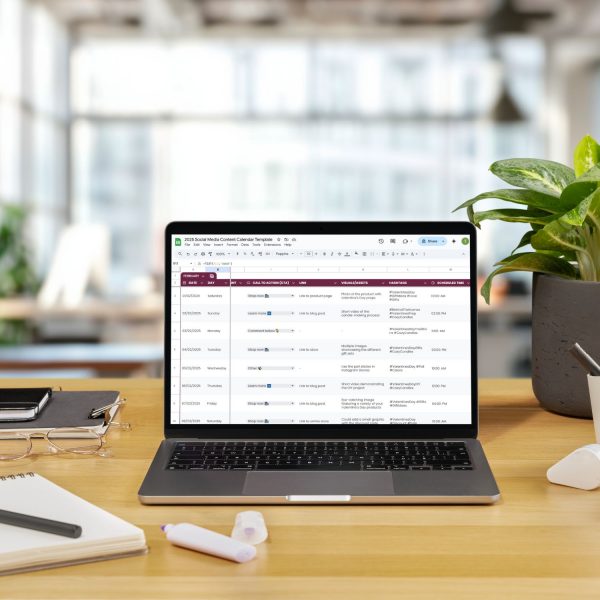 Social media content calendar template for freelancers, studios and small businesses by Project Syntax Solutions shown on a laptop screen