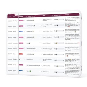 Social media content calendar template by Syntax Project Solutions, showing content category and theme, schedule, likes, shares, views, comments and assets