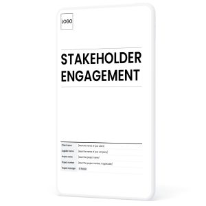 Stakeholder engagement and communication plan template cover page showing sections for client name, supplier name, and project name, number and manager