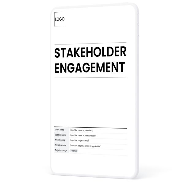Stakeholder engagement and communication plan template cover page showing sections for client name, supplier name, and project name, number and manager