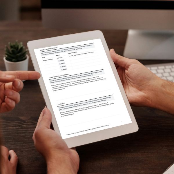 Stakeholder engagement and communication plan template for freelancers, studios and small businesses by Project Syntax Solutions shown on a tablet screen