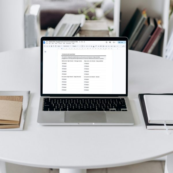 Stakeholder engagement and communication plan template for freelancers, studios and small businesses by Project Syntax Solutions shown on a laptop screen