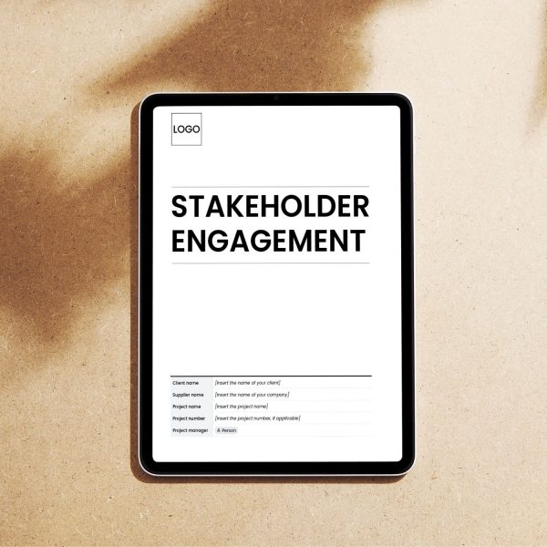 Stakeholder engagement and communication plan template for freelancers, studios and small businesses by Project Syntax Solutions shown on a tablet screen