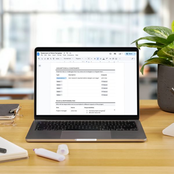Statement of work template for freelancers, studios and small businesses by Project Syntax Solutions shown on a laptop screen