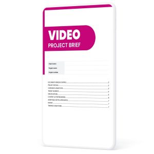 Video project brief template cover page showing sections for client name, project details, objectives, target audience, content, budget, and timeline