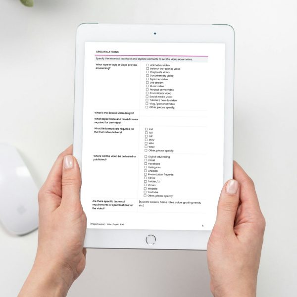 Video project brief template for freelancers, studios and small businesses by Project Syntax Solutions shown on a tablet screen
