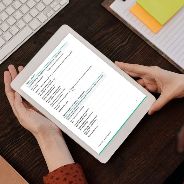 Website project brief template for freelancers, studios and small businesses by Project Syntax Solutions shown on a tablet screen
