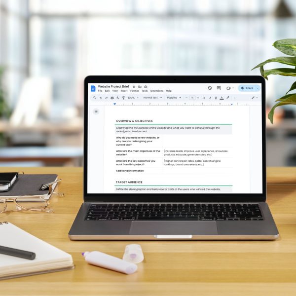 Website project brief template for freelancers, studios and small businesses by Project Syntax Solutions shown on a laptop screen