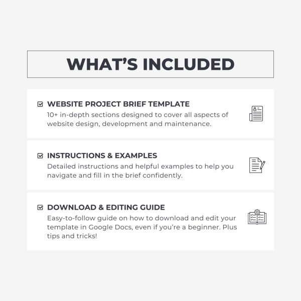 What's included in the website project brief template for freelancers, studios and small businesses by Project Syntax Solutions