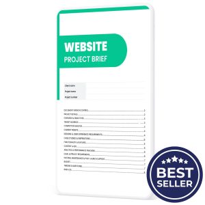 Website project brief template cover page showing sections for client name, project details, objectives, target audience, designs and UX, content and SEO, legal and privacy requirements, RAID log