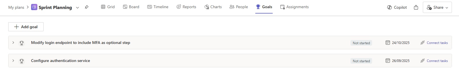 Sprint Planning project plan in Microsoft Planner showing goals