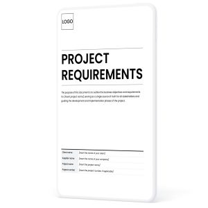 Project requirements document template cover page showing sections for client name, project name and number