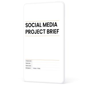 Social media project brief template cover page showing sections for client name, project name and number