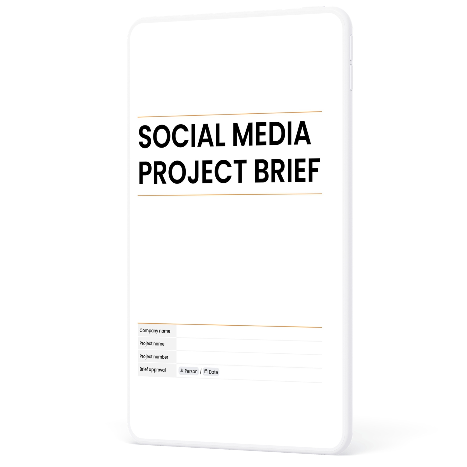 Social media project brief template cover page showing sections for client name, project name and number