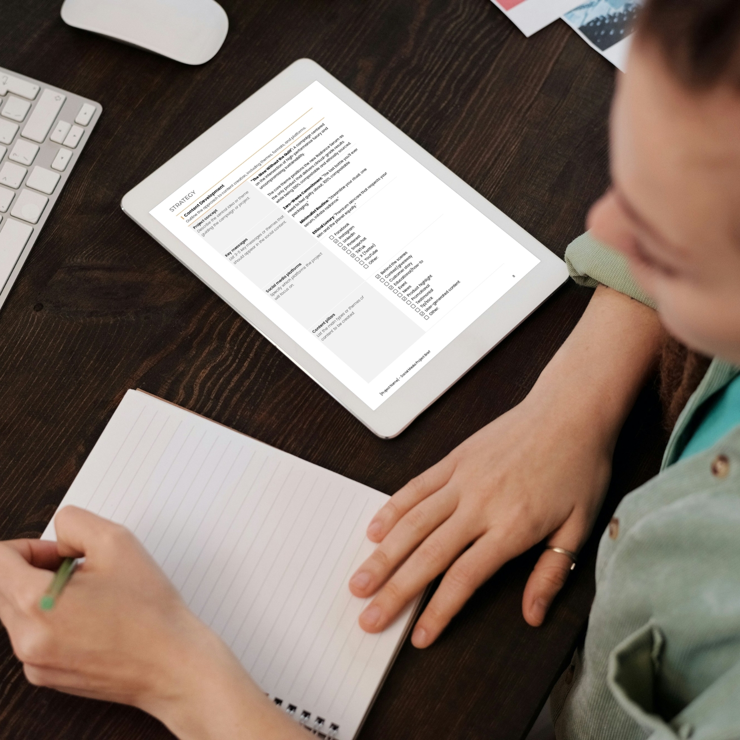 Social media project brief template for freelancers, studios and small businesses by Syntax Project Solutions shown on a tablet screen