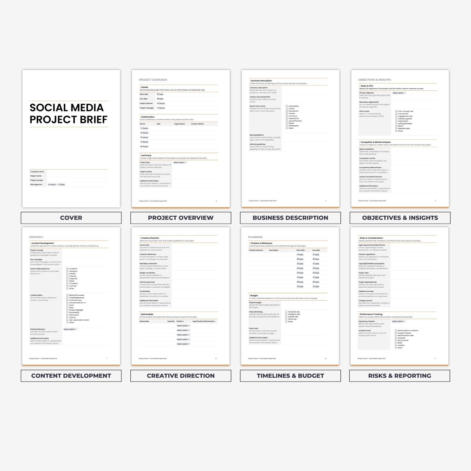 Contents of the social media project brief template for freelancers, agencies and small businesses by Syntax Project Solutions